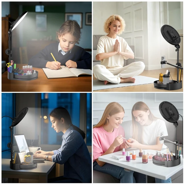 Alt view image 6 of 7 - Selfie Light Kit for Desk and Laptop,55W Dimmable Full Screen Ring Light,with Rotating Storage Box,Pen Holder Stand,Phone Holder and Controller (Ice Blue, 10.5)