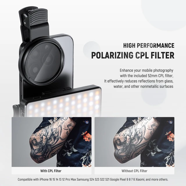 Alt view image 6 of 7 - NEEWER Basics LED Selfie & Tattoo Light Compatible with iPhone, BL120B | Clip on CPL Filter/Tripod Stand/Phone Holder, Fill Lighting, Remove Reflection, Art Food Jewelry Photography Video Recording