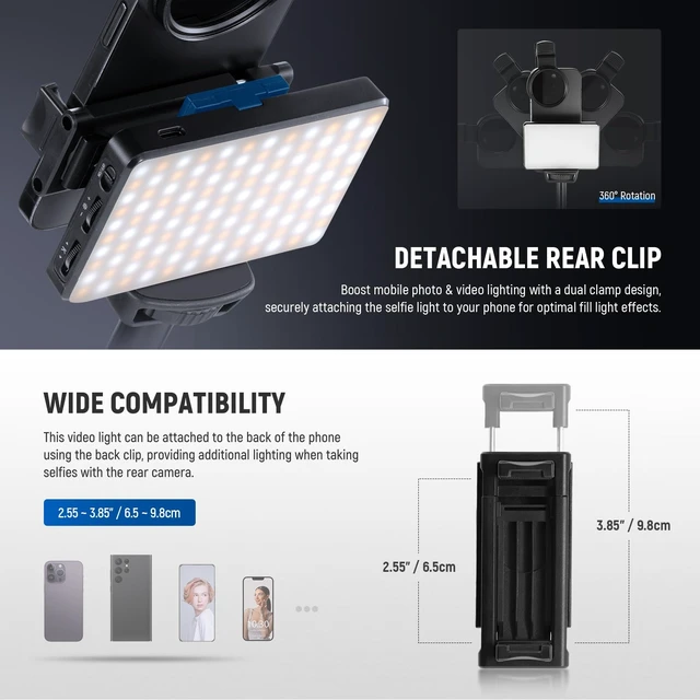 Alt view image 7 of 7 - NEEWER Basics LED Selfie & Tattoo Light Compatible with iPhone, BL120B | Clip on CPL Filter/Tripod Stand/Phone Holder, Fill Lighting, Remove Reflection, Art Food Jewelry Photography Video Recording