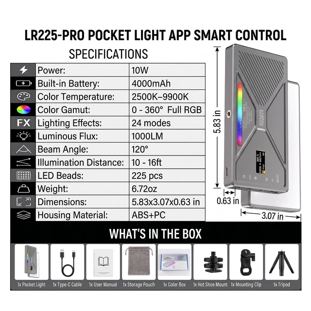 Alt view image 3 of 7 - 225 LED Portable Selfie Light, Video Conference Light, 4000mAh Rechargeable, App Control, Tripod, Metal Hot Shoe, Clip, CRI 97+, 24 Light Modes for Phone, Camera, Live Streaming, Makeup, Photography