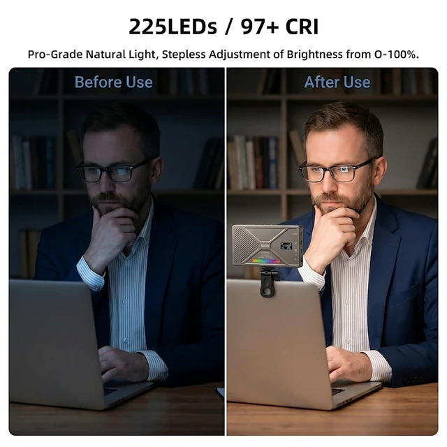 Alt view image 5 of 7 - 225 LED Portable Selfie Light, Video Conference Light, 4000mAh Rechargeable, App Control, Tripod, Metal Hot Shoe, Clip, CRI 97+, 24 Light Modes for Phone, Camera, Live Streaming, Makeup, Photography