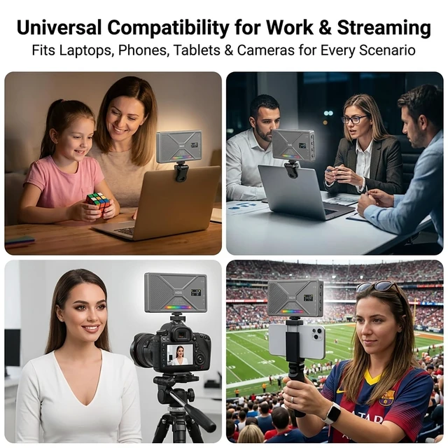 Alt view image 6 of 7 - 225 LED Portable Selfie Light, Video Conference Light, 4000mAh Rechargeable, App Control, Tripod, Metal Hot Shoe, Clip, CRI 97+, 24 Light Modes for Phone, Camera, Live Streaming, Makeup, Photography