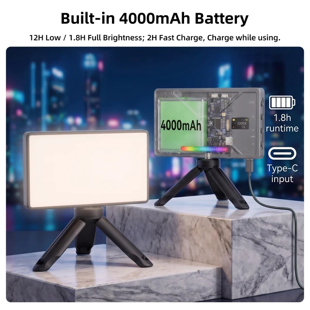 Alt view image 7 of 7 - 225 LED Portable Selfie Light, Video Conference Light, 4000mAh Rechargeable, App Control, Tripod, Metal Hot Shoe, Clip, CRI 97+, 24 Light Modes for Phone, Camera, Live Streaming, Makeup, Photography