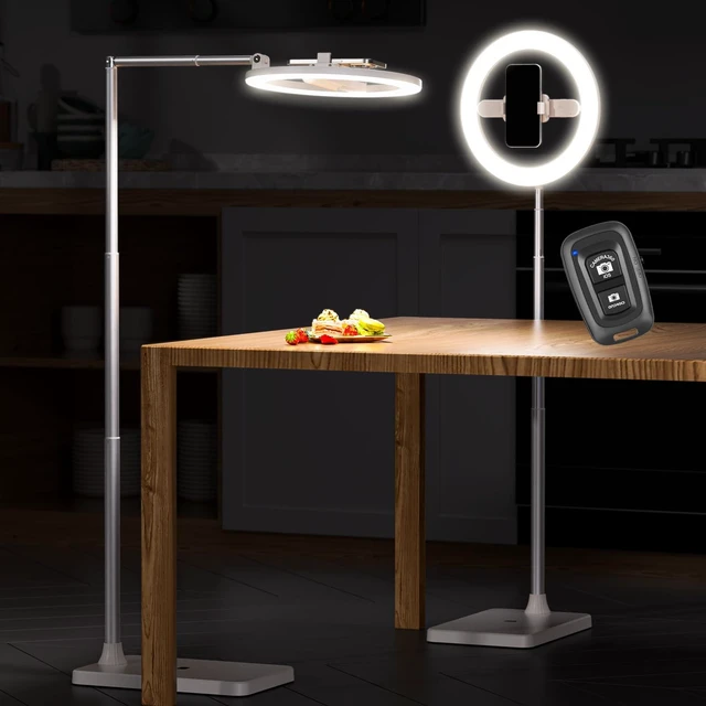 Main image of 10" Selfie Ring Light with Floor Stand, Overhead Phone Mount with Dimmable LED Light, Tall Adjustable Tripod with Phone Holder and Bluetooth for Recording, Streaming, TikTok & YouTube