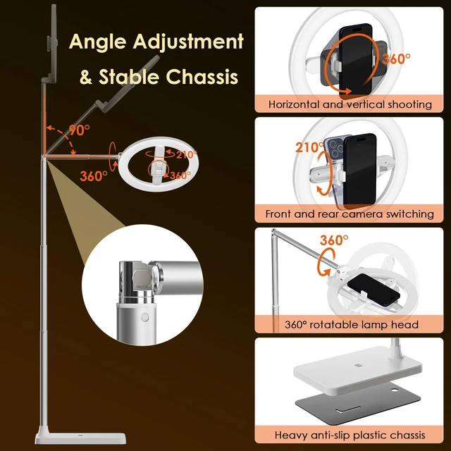 Alt view image 3 of 7 - 10" Selfie Ring Light with Floor Stand, Overhead Phone Mount with Dimmable LED Light, Tall Adjustable Tripod with Phone Holder and Bluetooth for Recording, Streaming, TikTok & YouTube
