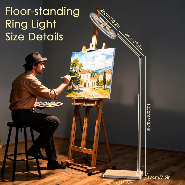 Alt view image 4 of 7 - 10" Selfie Ring Light with Floor Stand, Overhead Phone Mount with Dimmable LED Light, Tall Adjustable Tripod with Phone Holder and Bluetooth for Recording, Streaming, TikTok & YouTube