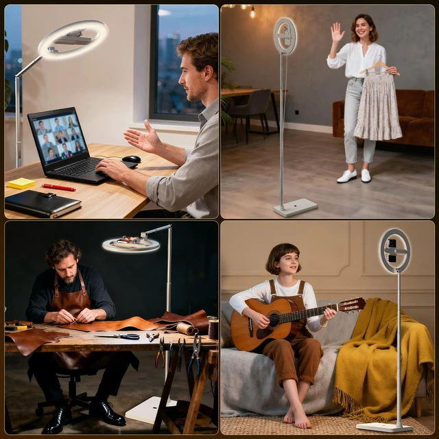 Alt view image 7 of 7 - 10" Selfie Ring Light with Floor Stand, Overhead Phone Mount with Dimmable LED Light, Tall Adjustable Tripod with Phone Holder and Bluetooth for Recording, Streaming, TikTok & YouTube