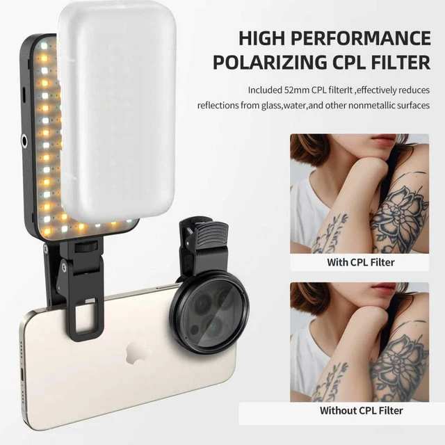 Alt view image 2 of 7 - LED Selfie & Tattoo Light with 52MM CPL Filter Lens 360° Rotatable Clip Tattoo Equipment/Tripod Stand/Phone Holder,Fill Lighting Remove Reflection for Art Food Jewelry Photography Video Recording
