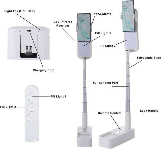 Alt view image 7 of 7 - beyonday Foldable Phone Holder for Recording, Selfie Stand with Rechargeable LED Light&Wireless Remote Control 360° Rotatable Retractable Phone Stand for Video Recording/Live Streaming/Online Teaching