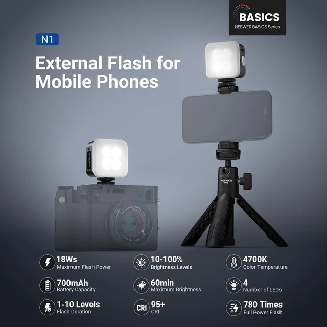 Alt view image 2 of 7 - NEEWER Basics N1 Magnetic Phone Flash Speedlite & Selfie Light, 700mAh Mini | Compatible with iPhone Samsung Android, 18Ws GN12 Equivalent LED Ring Fill Lighting with Display for Photo