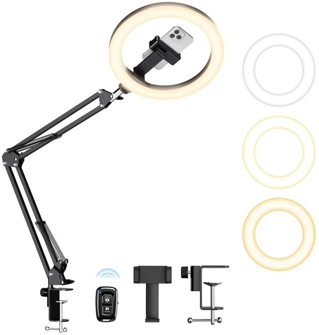 Main image of Upgrade Ring Light with Stand, Overhead Phone Mount for Desk, 10 Selfie Light with Stand Tripod for iPhone, Light with Phone Holder for Video Recording,Zoom Meeting,Live Streaming Tiktok,YouTube
