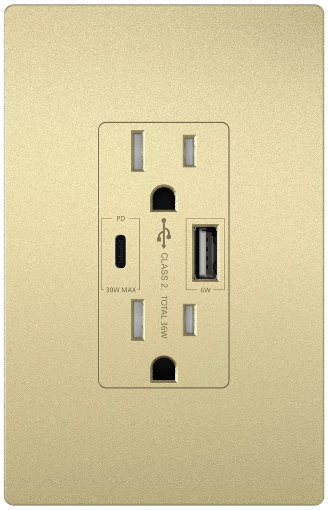 Main image of LIDER USB-C 36W Power Delivery Wall Outlet, 15A Tamper-Resistant Receptacle | Matte Gold, Interchangeable Face Cover, Type-A & Type-C USB Ports, Plate Included, UL Listed, Tough And Heat Resistant