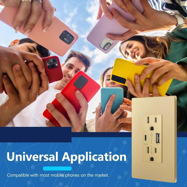 Alt view image 6 of 7 - LIDER USB-C 36W Power Delivery Wall Outlet, 15A Tamper-Resistant Receptacle | Matte Gold, Interchangeable Face Cover, Type-A & Type-C USB Ports, Plate Included, UL Listed, Tough And Heat Resistant