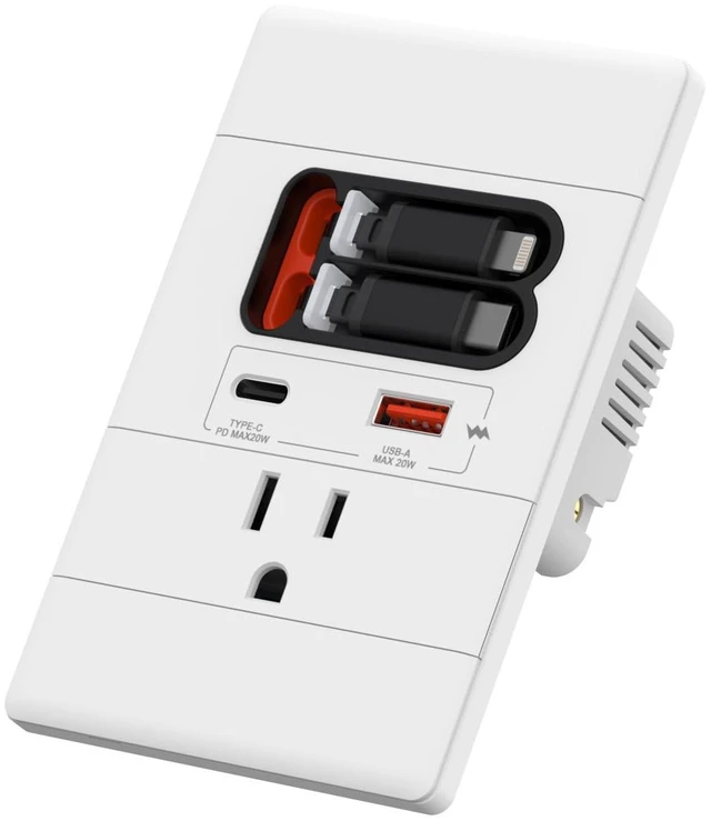 Main image of USB C Wall Outlet with GaN PD20W USB-C&USB-A,Built-in Retractable USB C/Lightning Cables,Tamper-Resistant,15A 125V,Wall Outlet for Bedside/Kitchen (White)