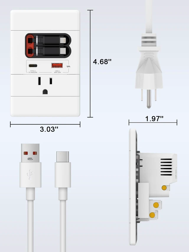 Alt view image 3 of 7 - USB C Wall Outlet with GaN PD20W USB-C&USB-A,Built-in Retractable USB C/Lightning Cables,Tamper-Resistant,15A 125V,Wall Outlet for Bedside/Kitchen (White)