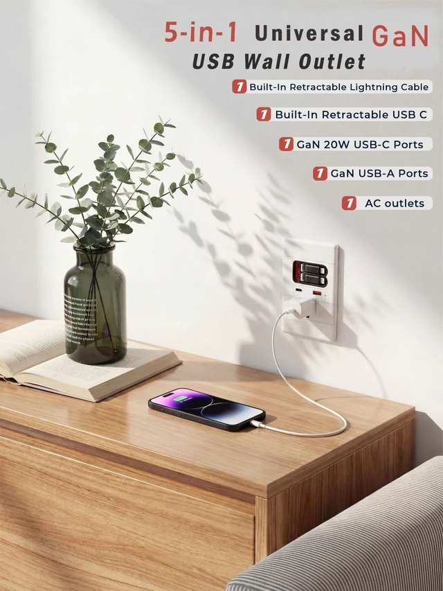 Alt view image 2 of 7 - USB C Wall Outlet with GaN PD20W USB-C&USB-A,Built-in Retractable USB C/Lightning Cables,Tamper-Resistant,15A 125V,Wall Outlet for Bedside/Kitchen (White)