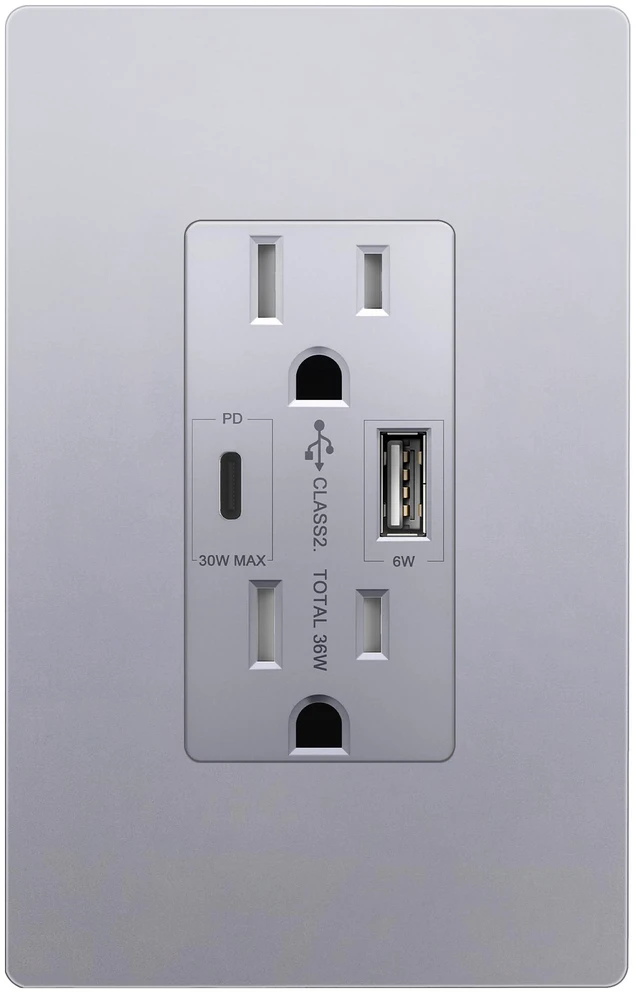 Main image of LIDER USB-C 36W Power Delivery Wall Outlet, 15A Tamper-Resistant Receptacle | Matte Silver, Interchangeable Face Cover, Type-A & Type-C USB Ports, Wall Plate Included, UL Listed