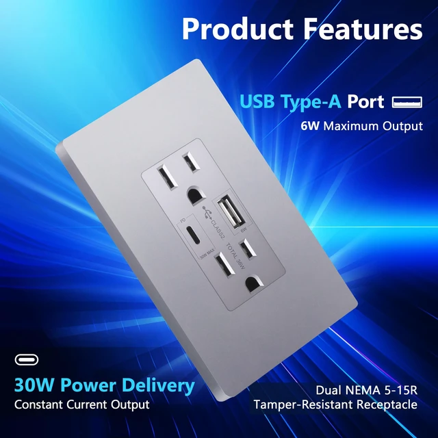 Alt view image 2 of 7 - LIDER USB-C 36W Power Delivery Wall Outlet, 15A Tamper-Resistant Receptacle | Matte Silver, Interchangeable Face Cover, Type-A & Type-C USB Ports, Wall Plate Included, UL Listed