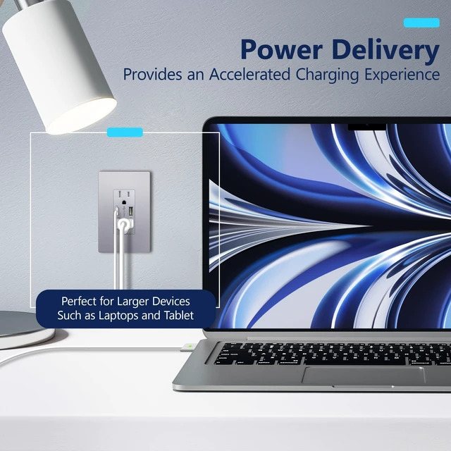 Alt view image 3 of 7 - LIDER USB-C 36W Power Delivery Wall Outlet, 15A Tamper-Resistant Receptacle | Matte Silver, Interchangeable Face Cover, Type-A & Type-C USB Ports, Wall Plate Included, UL Listed