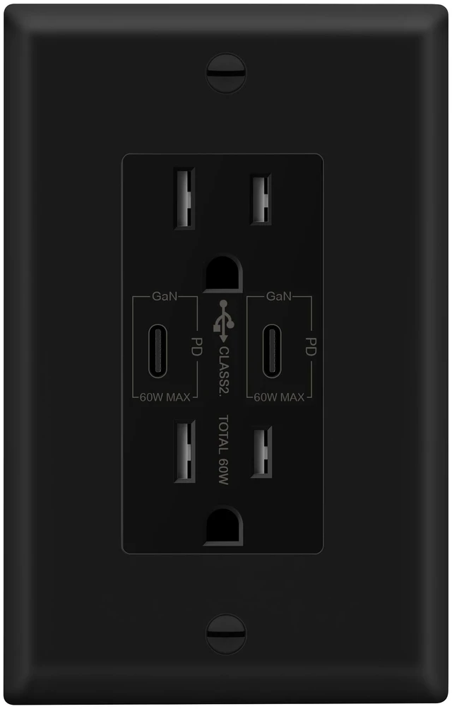 Main image of LIDER USB-C PD 65W Wall Outlet, Power Delivery, GaN Technology, Matte Black | Tamper-Resistant Receptacle, Interchangeable Face Cover, 2 Type-C Ports, Plate Included, UL Listed