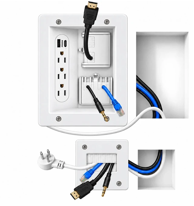 Main image of in-Wall TV Cable Management Kit with Recessed Power & Anti-Drop Flip-Cover | 3 AC Outlets, USB-C & USB-A, 9FT Cord, Hand Saw Included, Fits All Plugs, Easy, Safe Cable Management for TV & Home Theater