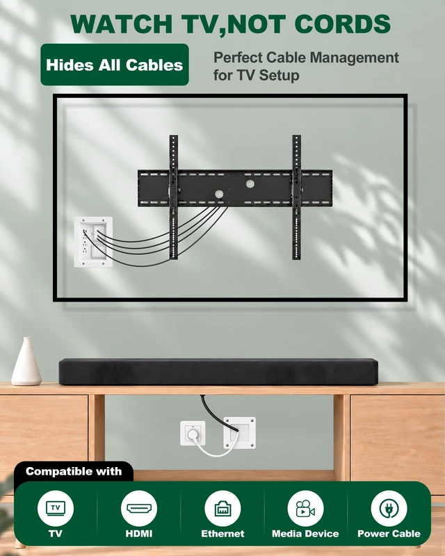 Alt view image 2 of 7 - in-Wall TV Cable Management Kit with Recessed Power & Anti-Drop Flip-Cover | 3 AC Outlets, USB-C & USB-A, 9FT Cord, Hand Saw Included, Fits All Plugs, Easy, Safe Cable Management for TV & Home Theater