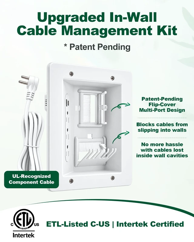 Alt view image 3 of 7 - in-Wall TV Cable Management Kit with Recessed Power & Anti-Drop Flip-Cover | 3 AC Outlets, USB-C & USB-A, 9FT Cord, Hand Saw Included, Fits All Plugs, Easy, Safe Cable Management for TV & Home Theater