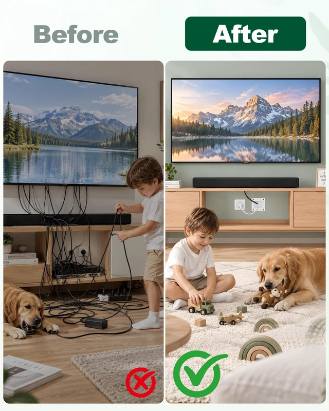 Alt view image 4 of 7 - in-Wall TV Cable Management Kit with Recessed Power & Anti-Drop Flip-Cover | 3 AC Outlets, USB-C & USB-A, 9FT Cord, Hand Saw Included, Fits All Plugs, Easy, Safe Cable Management for TV & Home Theater
