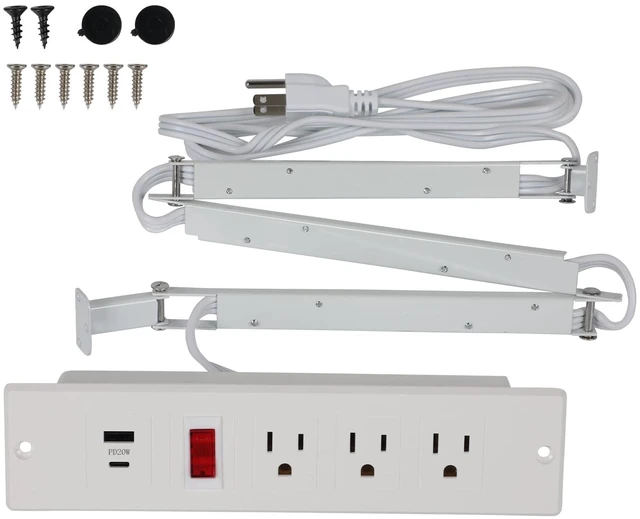 Main image of Drawer Outlet Kit Flush Mount Recessed Outlet Furniture Power Strip with Overload Protection Switch Clutter Free Drawer Socket with 6.5FT Extension Cord Management Arm for Kitchen Office (White)