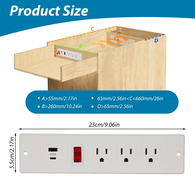 Alt view image 2 of 7 - Drawer Outlet Kit Flush Mount Recessed Outlet Furniture Power Strip with Overload Protection Switch Clutter Free Drawer Socket with 6.5FT Extension Cord Management Arm for Kitchen Office (White)