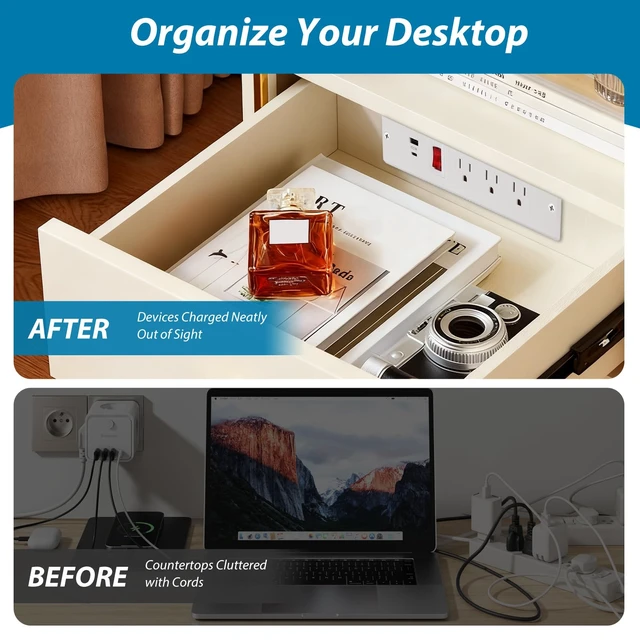 Alt view image 6 of 7 - Drawer Outlet Kit Flush Mount Recessed Outlet Furniture Power Strip with Overload Protection Switch Clutter Free Drawer Socket with 6.5FT Extension Cord Management Arm for Kitchen Office (White)