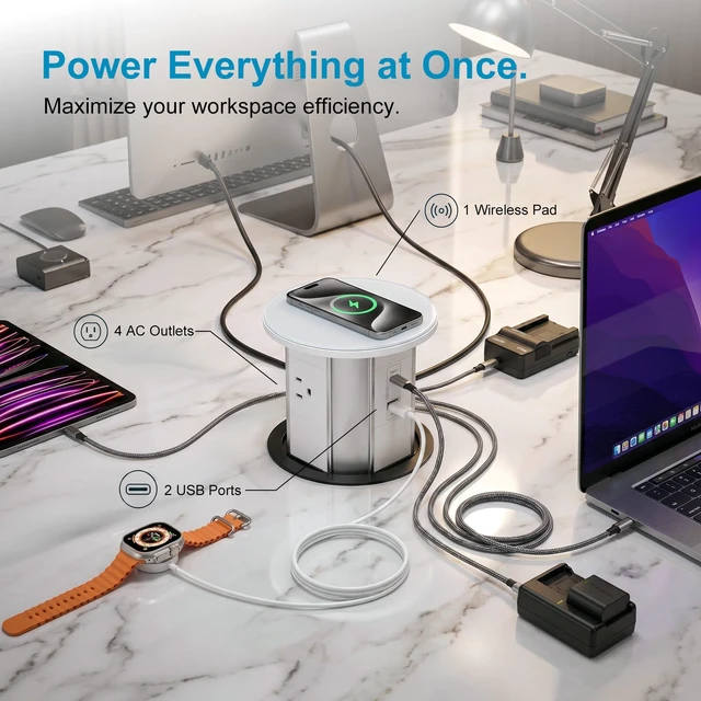 Alt view image 2 of 7 - Pop Up Countertop Outlet, 15W Wireless Charger, 20W USB-C, 3 AC | 6-in-1 retractable countertop power hub with charging available even while the unit is closed.