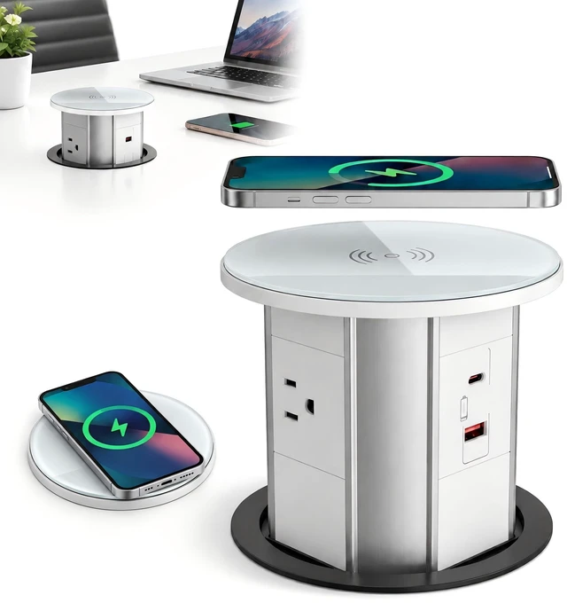 Main image of Pop Up Countertop Outlet, 15W Wireless Charger, 20W USB-C, 3 AC | 6-in-1 retractable countertop power hub with charging available even while the unit is closed.