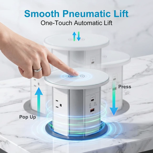 Alt view image 3 of 7 - Pop Up Countertop Outlet, 15W Wireless Charger, 20W USB-C, 3 AC | 6-in-1 retractable countertop power hub with charging available even while the unit is closed.