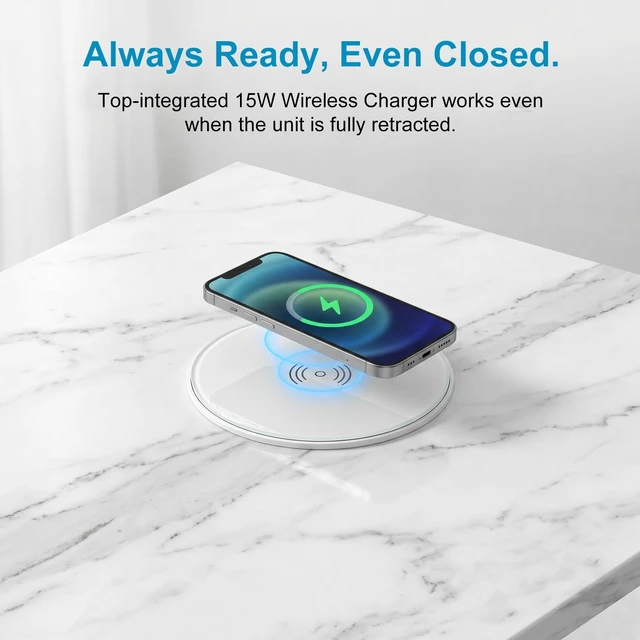 Alt view image 4 of 7 - Pop Up Countertop Outlet, 15W Wireless Charger, 20W USB-C, 3 AC | 6-in-1 retractable countertop power hub with charging available even while the unit is closed.