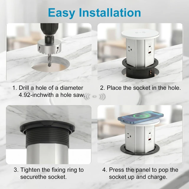 Alt view image 5 of 7 - Pop Up Countertop Outlet, 15W Wireless Charger, 20W USB-C, 3 AC | 6-in-1 retractable countertop power hub with charging available even while the unit is closed.