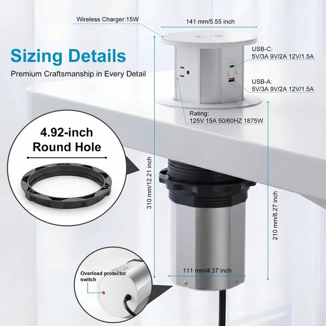 Alt view image 6 of 7 - Pop Up Countertop Outlet, 15W Wireless Charger, 20W USB-C, 3 AC | 6-in-1 retractable countertop power hub with charging available even while the unit is closed.