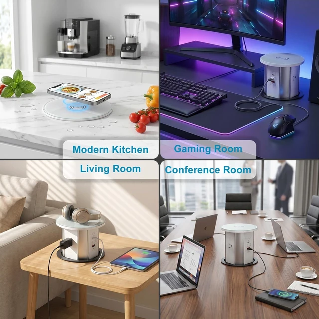 Alt view image 7 of 7 - Pop Up Countertop Outlet, 15W Wireless Charger, 20W USB-C, 3 AC | 6-in-1 retractable countertop power hub with charging available even while the unit is closed.