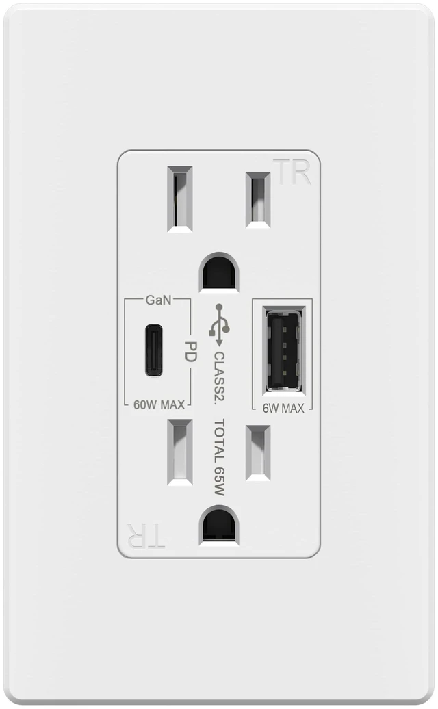 Main image of TOPGREENER GaN 65W PD USB C Outlet Receptacle, 15 Amp Wall Outlet, White | Duplex Tamper-Resistant Receptacles, Ultra-Speed USB Outlet for Laptop, Tablet, UL Listed, Wall Plate Included, 1 Pack