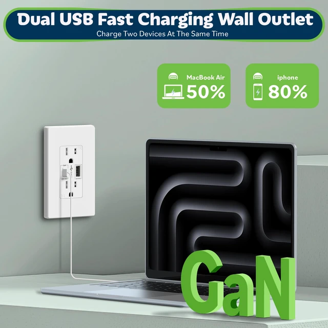 Alt view image 5 of 7 - TOPGREENER GaN 65W PD USB C Outlet Receptacle, 15 Amp Wall Outlet, White | Duplex Tamper-Resistant Receptacles, Ultra-Speed USB Outlet for Laptop, Tablet, UL Listed, Wall Plate Included, 1 Pack