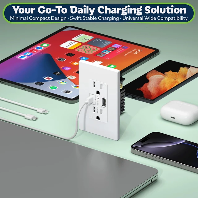 Alt view image 7 of 7 - TOPGREENER GaN 65W PD USB C Outlet Receptacle, 15 Amp Wall Outlet, White | Duplex Tamper-Resistant Receptacles, Ultra-Speed USB Outlet for Laptop, Tablet, UL Listed, Wall Plate Included, 1 Pack