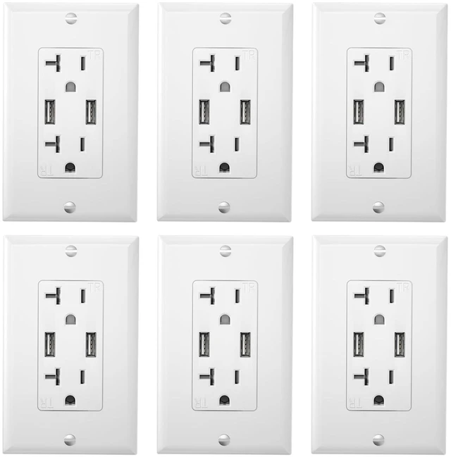 Main image of Oviitech USB Outlet, 20 Amp Wall Outlet with 2 USB Ports, High Speed Charger 4.2A Charging Capability, TR Tamper-Resistant Receptacle Plug Wall Socket, Wall Plate Included, White, 6 Pack