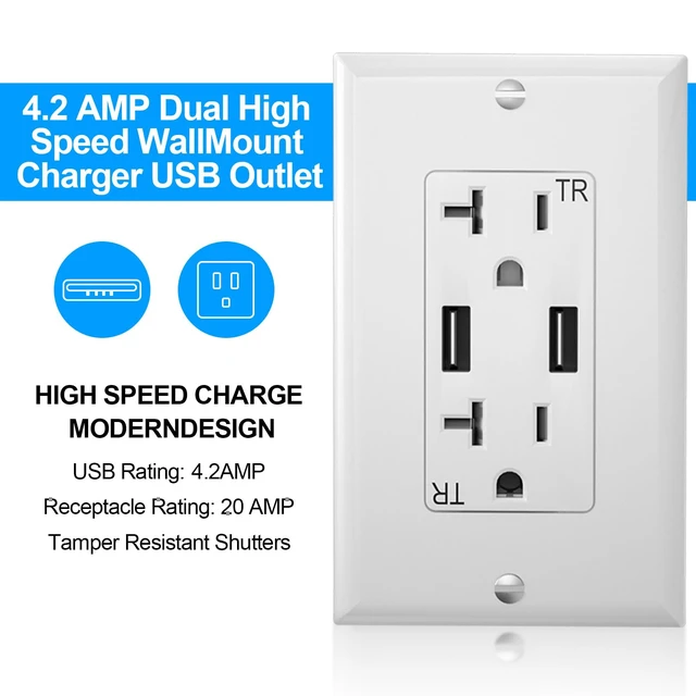 Alt view image 3 of 7 - Oviitech USB Outlet, 20 Amp Wall Outlet with 2 USB Ports, High Speed Charger 4.2A Charging Capability, TR Tamper-Resistant Receptacle Plug Wall Socket, Wall Plate Included, White, 6 Pack