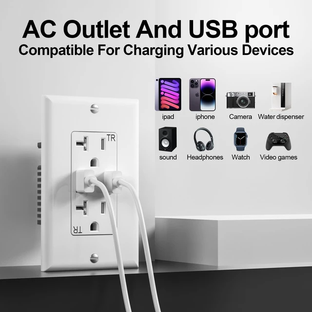 Alt view image 4 of 7 - Oviitech USB Outlet, 20 Amp Wall Outlet with 2 USB Ports, High Speed Charger 4.2A Charging Capability, TR Tamper-Resistant Receptacle Plug Wall Socket, Wall Plate Included, White, 6 Pack