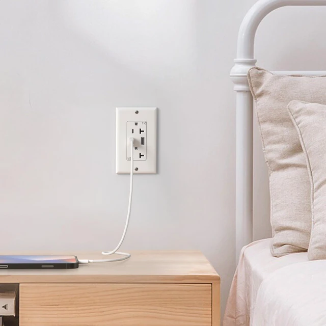Alt view image 6 of 7 - Oviitech USB Outlet, 20 Amp Wall Outlet with 2 USB Ports, High Speed Charger 4.2A Charging Capability, TR Tamper-Resistant Receptacle Plug Wall Socket, Wall Plate Included, White, 6 Pack