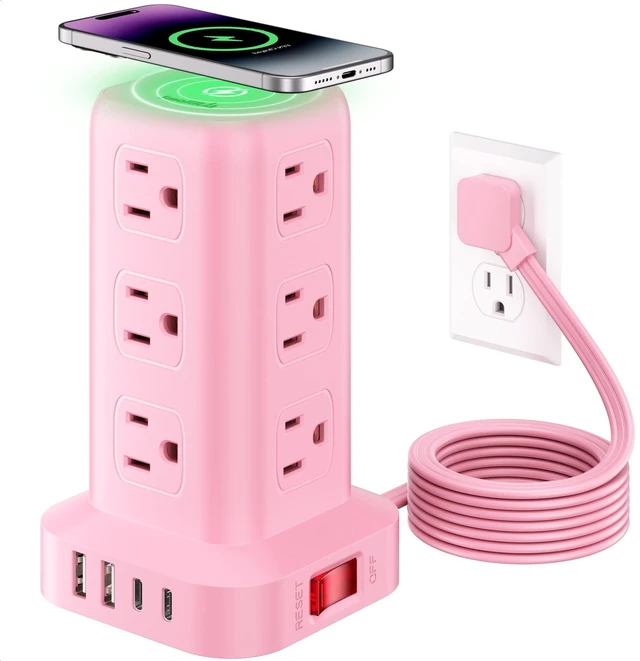 Main image of Extension Cord with Multiple Outlets, SMALLRT Outlet Extender with 12 AC Outlets 4 USB, 6.5FT Power Strip Tower for Home Office Supplies, Pink
