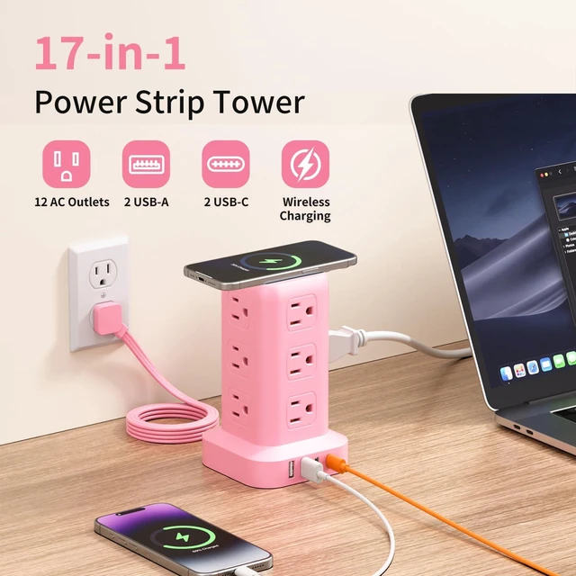 Alt view image 2 of 7 - Extension Cord with Multiple Outlets, SMALLRT Outlet Extender with 12 AC Outlets 4 USB, 6.5FT Power Strip Tower for Home Office Supplies, Pink