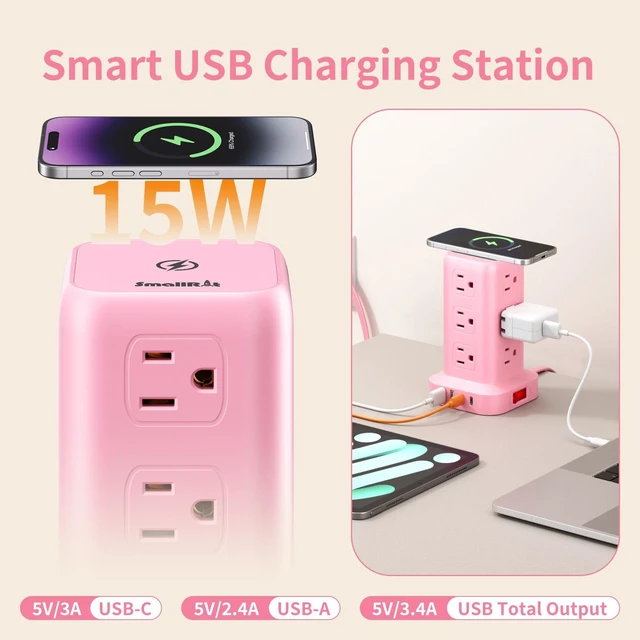 Alt view image 4 of 7 - Extension Cord with Multiple Outlets, SMALLRT Outlet Extender with 12 AC Outlets 4 USB, 6.5FT Power Strip Tower for Home Office Supplies, Pink