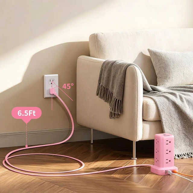 Alt view image 5 of 7 - Extension Cord with Multiple Outlets, SMALLRT Outlet Extender with 12 AC Outlets 4 USB, 6.5FT Power Strip Tower for Home Office Supplies, Pink