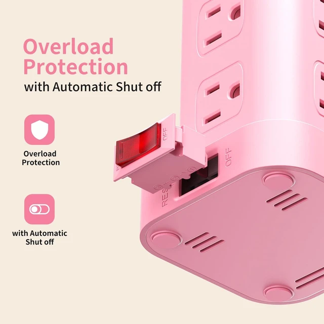 Alt view image 7 of 7 - Extension Cord with Multiple Outlets, SMALLRT Outlet Extender with 12 AC Outlets 4 USB, 6.5FT Power Strip Tower for Home Office Supplies, Pink